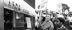 Stage entrance. Union members at a rally