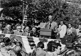 President Lyndon B. Johnson addresses a crown of union workers